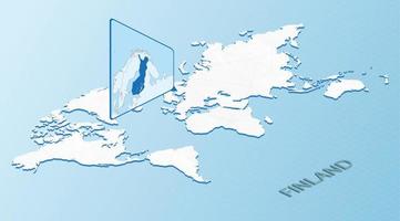 mapa mundial en estilo isométrico con mapa detallado de finlandia. mapa de finlandia azul claro con mapa del mundo abstracto. vector