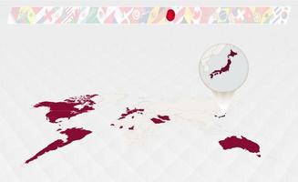 Enlarge the map of Japan selected on the perspective world map, Infographics about the participants in soccer tournament. vector