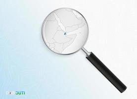 Magnifier with map of Djibouti on abstract topographic background. vector