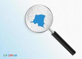 Magnifier with map of DR Congo on abstract topographic background. vector