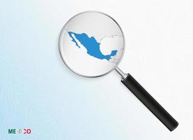 Magnifier with map of Mexico on abstract topographic background. vector