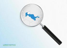 Magnifier with map of Uzbekistan on abstract topographic background. vector