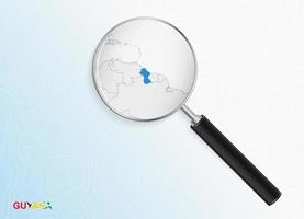 Magnifier with map of Guyana on abstract topographic background. vector