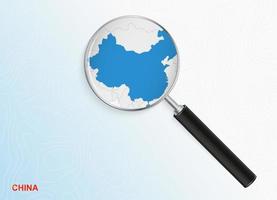 Magnifier with map of China on abstract topographic background. vector