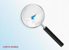 Magnifier with map of North Korea on abstract topographic background. vector