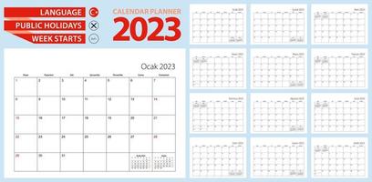 Turkish calendar planner for 2023. Turkish language, week starts from Sunday. vector