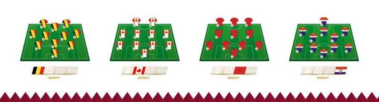 Football field with team lineup for Group F of soccer competition. vector