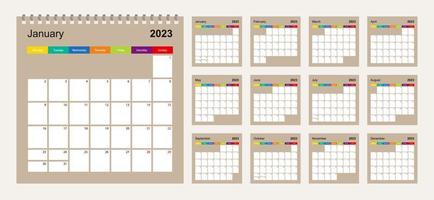 Calendar 2023 colorful design, set of 12 vector wall planner calendar pages on beige background. Week starts on Monday.