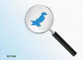 Magnifier with map of Pakistan on abstract topographic background. vector