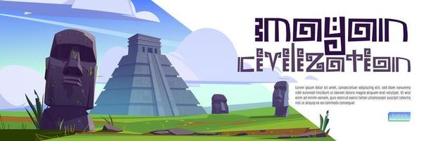 Mayan civilization cartoon web banner with statues