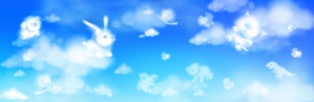 Cloud animals flying in blue sky, fluffy eddies vector