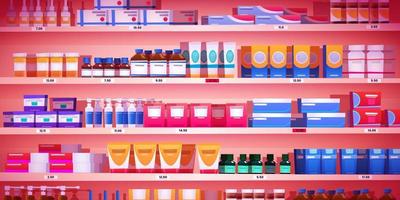 Pharmacy shelf, drugstore rack with medicine packs vector