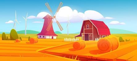 Windmill and barn on farm nature rural background vector