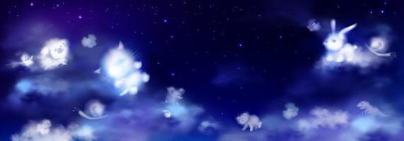 White clouds in shape of cute animals in night sky vector