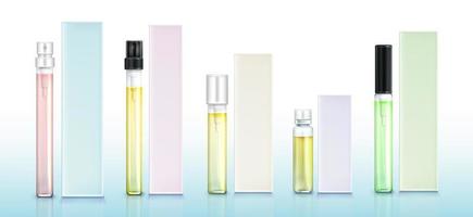 Perfume sample bottles and boxes, scent mockup set vector