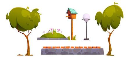 Set of park items green trees, flower bed, lamp vector