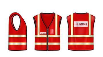 Fire warden safety vest front, side and back view vector