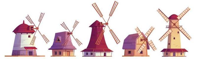 Old windmills, vintage stone and wooden wind mills vector