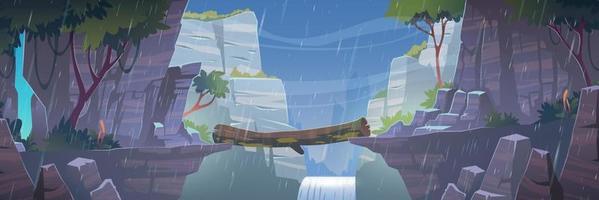 Log bridge between mountains above cliff at rain vector