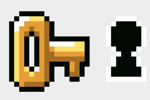 Key and keyhole for arcade video game in pixel design. Vector