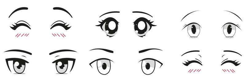 Happy Anime Style Big Blue Eyes Hand Drawn Vector Illustration