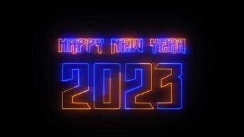 feliz ano novo 2023 animação de texto neon brilhante com iluminação laranja e azul em fundo escuro video