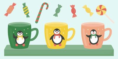 Cups with funny penguins. Sweets, candies. Vector illustration with flat style.