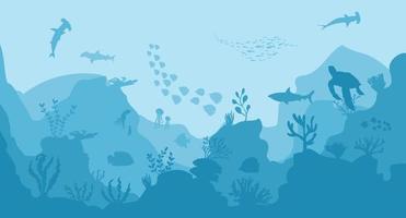 silhouette of coral reef with fish on blue sea background underwater vector illustration