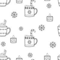 patrón navideño sin costuras para envolver papel, fondo festivo en blanco y negro con tazas, velas y copos de nieve vector