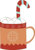 Cup with hot drink and candy, winter cocoa with marshmallows vector