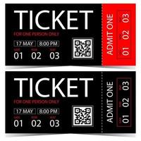 Vector ticket template design with QR code. Entrance ticket, coupon, talon or flyer with event date and time, suitable for cinema, exhibition, concert, party, disco, nightclub, private areas access.