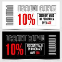 Discount coupon, gift voucher or certificate with 10 percent discount. Vector promotion discount flyer template or mockup with barcode and red reduction percentage on white or black background.