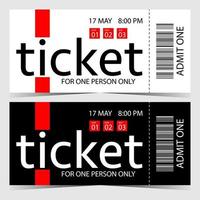 Ticket template design. Vector modern ticket with event date and time, barcode, in black, white and red colours. Coupon or talon for cinema, show, concert, festival, party, disco or club entrance.