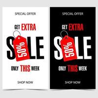 Sale banner in vertical position with red price tag indicating percentage of discount on black or white background. Vector poster or booklet for sale season, shopping discount or Black Friday.