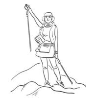 line art full length woman hiking with sticks illustration vector hand drawn isolated on white background