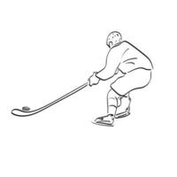 arte de línea vista posterior del jugador masculino jugando hockey sobre hielo ilustración vector dibujado a mano aislado sobre fondo blanco