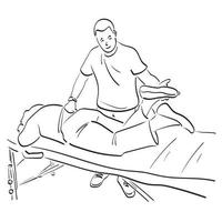 el fisioterapeuta masculino masajeando y amasando una pierna del paciente proporciona atención médica ilustración vectorial dibujada a mano aislada en el arte de línea de fondo blanco. vector