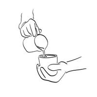 Barista pouring milk on coffee to make latte art illustration vector hand drawn isolated on white background line art.