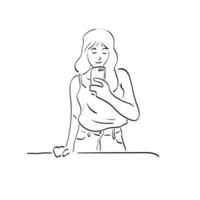 mujer de arte de línea tomando selfie de foto en espejo en teléfono móvil ilustración vector dibujado a mano aislado sobre fondo blanco.