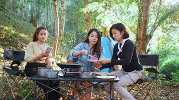 Young asian woman cooking and her friend enjoy to use smartphone take a photo the meal in pan, They are talk and laugh with fun together while camping in nature park video