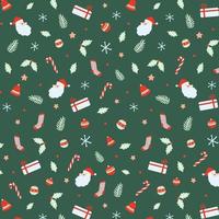 Christmas seamless pattern with Santa Claus, Bells, Xmas ball, candy canes, gift, socks, Christmas leaf, branch Christmas Hand drawn vector illustration