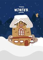 The roof of a snowy house in the village. Building covered in snow, winter village view. Village landscape with snowfall, blizzard and cold weather, Christmas atmosphere snowy house. vector