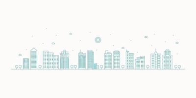 Cityscape. Modern flat line landscape vector. City landscape line art illustration with building, tower, skyscrapers. Vector illustration.