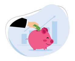 hand putting dollar bill into piggy bank. investment and finance concept vector