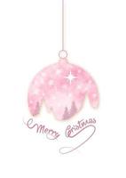 Merry Christmas pink ball shape. Winter seasonal holiday Christmas background. Christmas greeting card with snow globe and winter forest inside. Vector illustration isolated on white