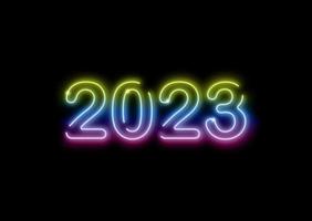 2023 año nuevo letrero de neón colorido brillante aislado sobre fondo negro. ilustración vectorial feliz año nuevo banner de letrero realista de neón, diseño de moda de temporada vector