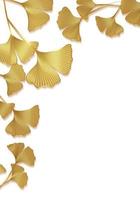 Gold frame of Ginkgo biloba leaves isolated on white background. Golden luxury border of floral leaves. Vector illustration botanical design template, vertical banner