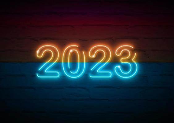 2023 New Year glowing colorful neon signboard on brick wall. Vector illustration Happy New Year neon realistic sign banner, season fashion design