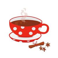A large red and white polka dot cup of hot drink on a saucer will keep you cozy and warm in colder times. Vector illustration for autumn and winter or cold season design in a decorative cartoon style