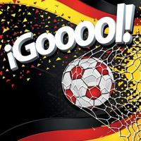 Word GOOOOL next to a soccer ball scoring a goal on a background of German flags and black, red, and yellow confetti. Vector image